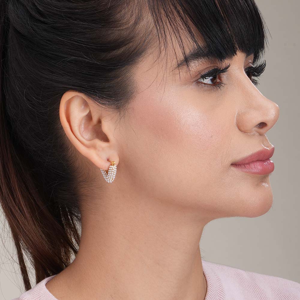 Pearl-Encrusted Heart-Shaped Hoop Earrings.