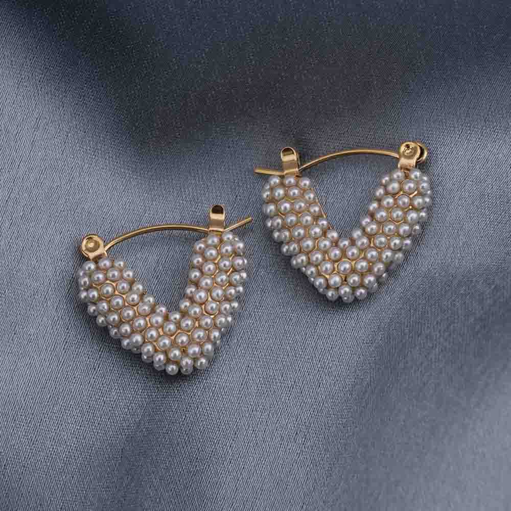 Pearl-Encrusted Heart-Shaped Hoop Earrings.
