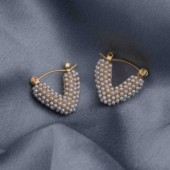 Pearl-Encrusted Heart-Shaped Hoop Earrings.
