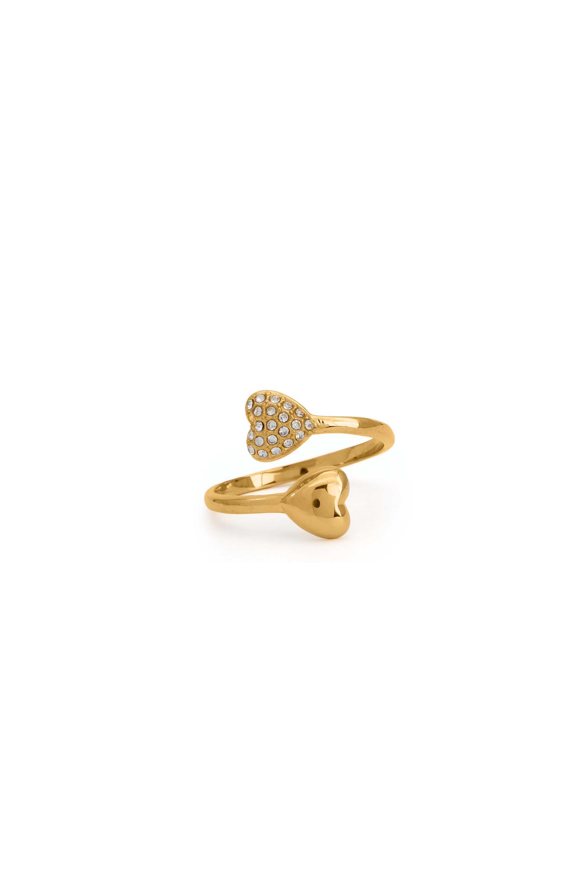 Gold Heart Crystal Ring featuring dual heart design with one heart encrusted in crystals, ideal for elegant jewelry collections.