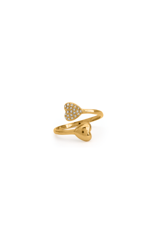 Gold Heart Crystal Ring featuring dual heart design with one heart encrusted in crystals, ideal for elegant jewelry collections.
