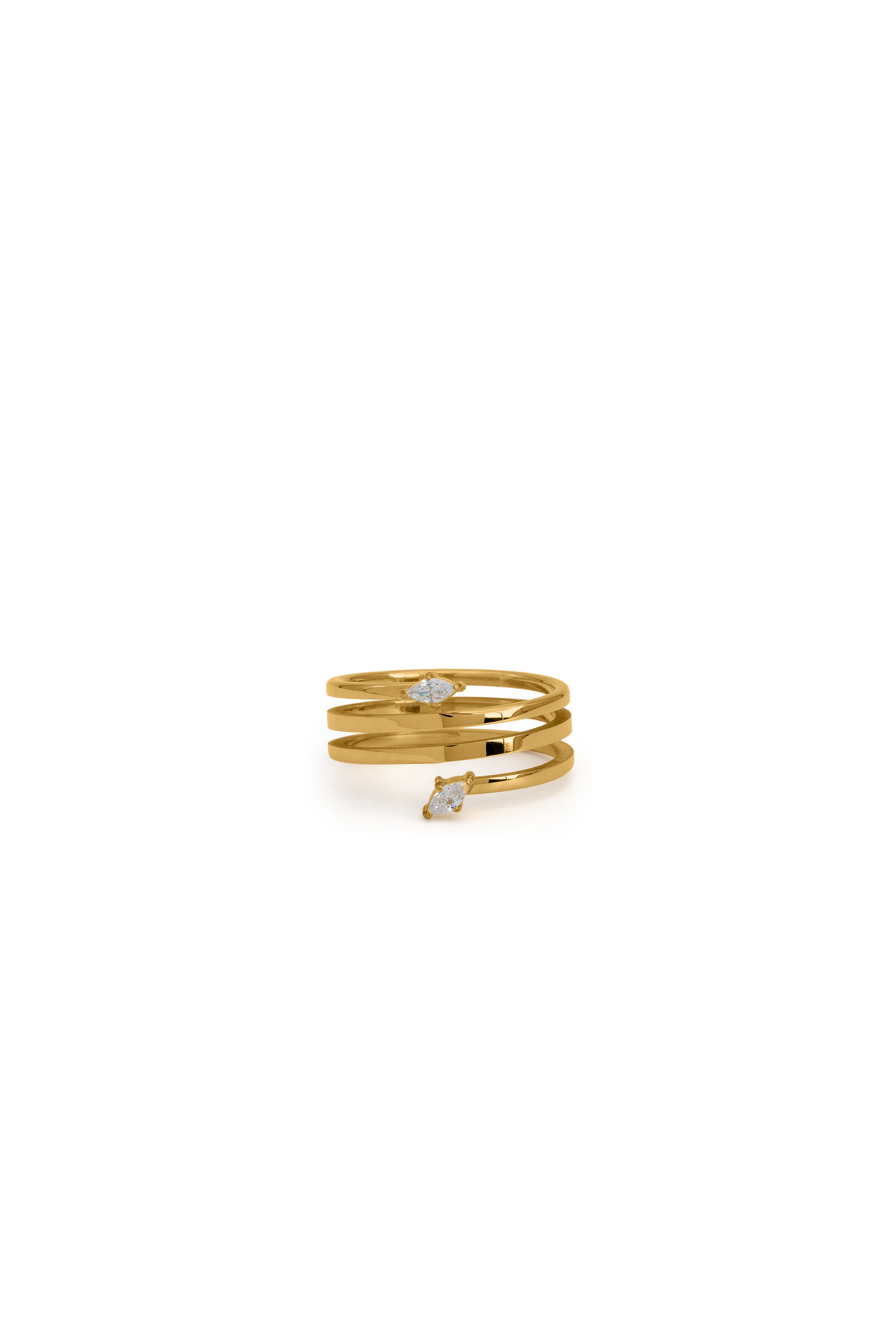 Twist Glow Open Ring in gold with dual crystal accents, featuring a triple-band wrap design for modern elegance in fine jewelry.