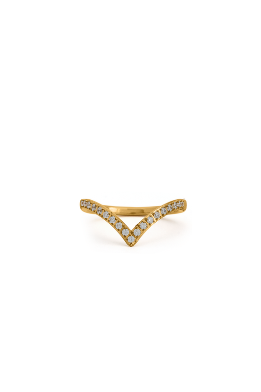 The Velo Ring features a V-shaped gold band adorned with white gemstones, ideal for elegant and modern jewelry collections.