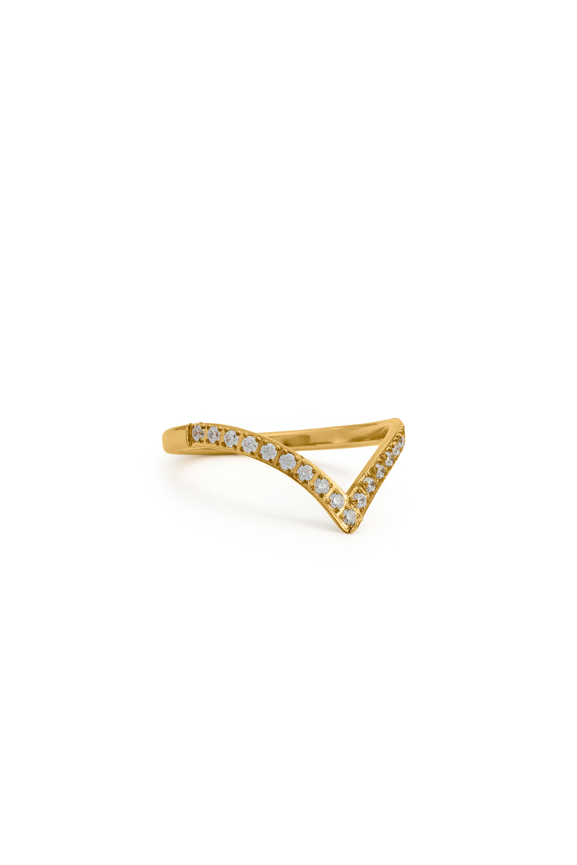 Angled view of The Velo Ring with a sleek V-shaped gold band and shimmering white stones, suited for chic ring collections.