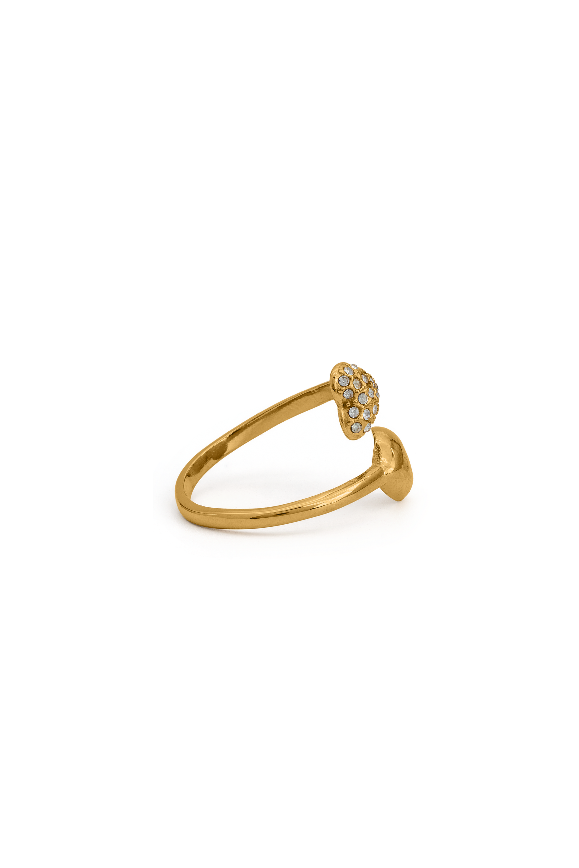 Side view of Gold Heart Crystal Ring with asymmetrical heart design, perfect for chic and modern jewelry styling.