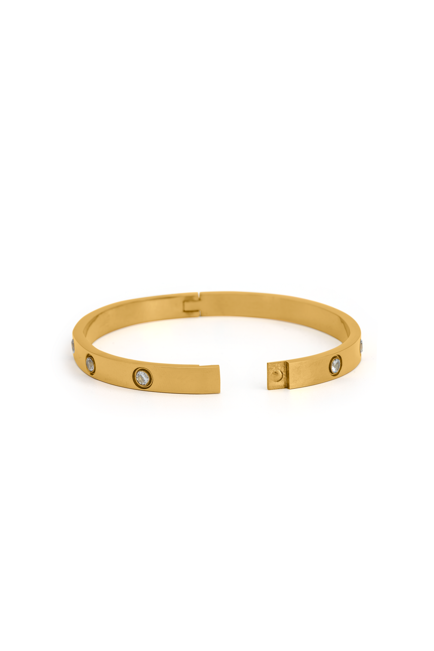 Open view of Lumière Crystal Bracelet with clasp detail, featuring gold-tone design and embedded crystals for a secure, stylish fit.