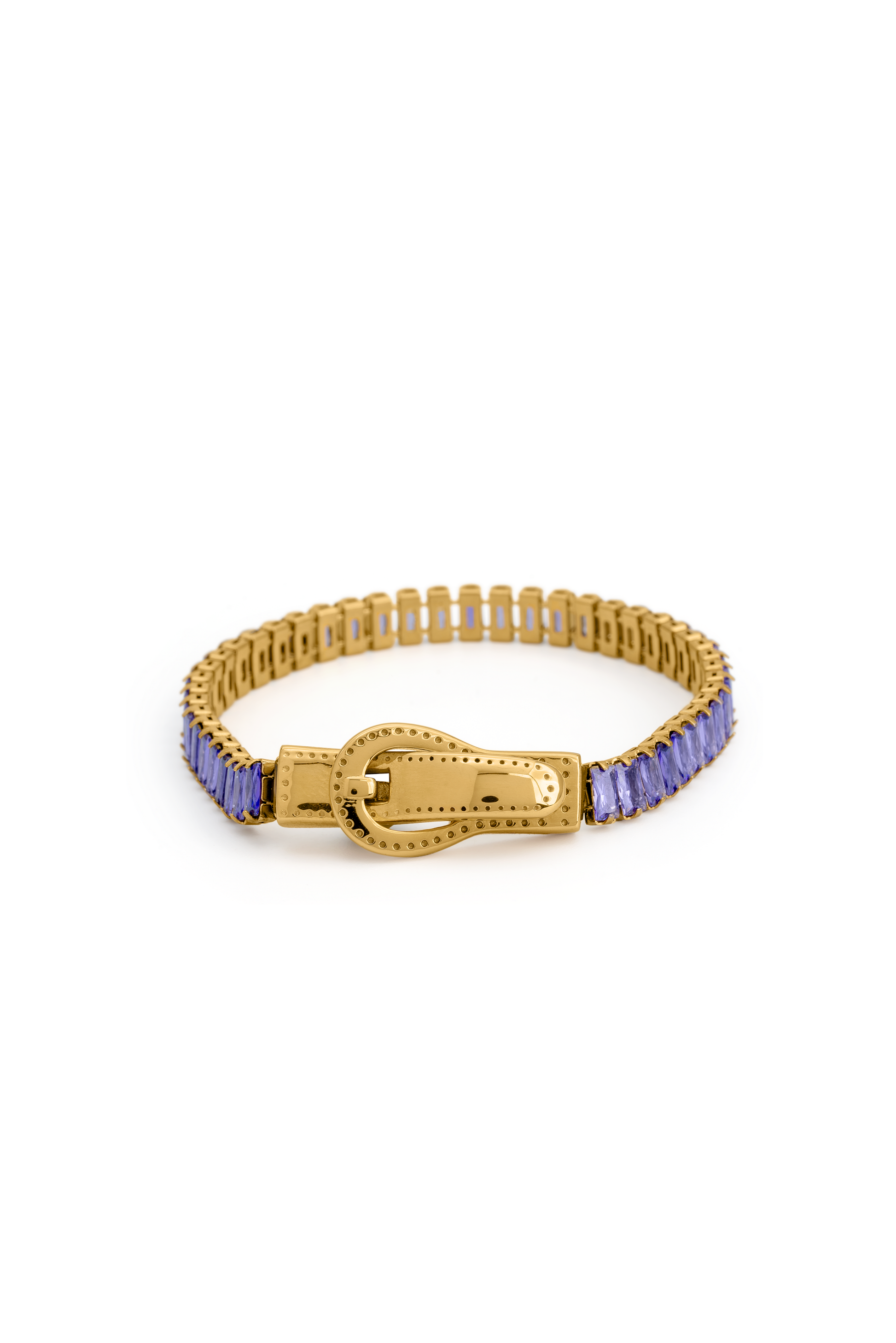 Close-up of Baguette Tennis Bracelet featuring gold zipper clasp and purple baguette-cut stones, perfect for luxury accessory enthusiasts.