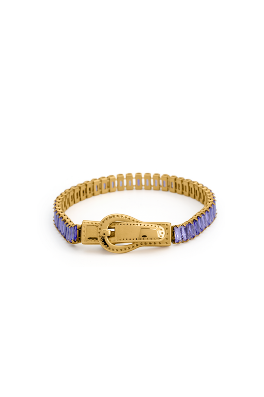 Close-up of Baguette Tennis Bracelet featuring gold zipper clasp and purple baguette-cut stones, perfect for luxury accessory enthusiasts.