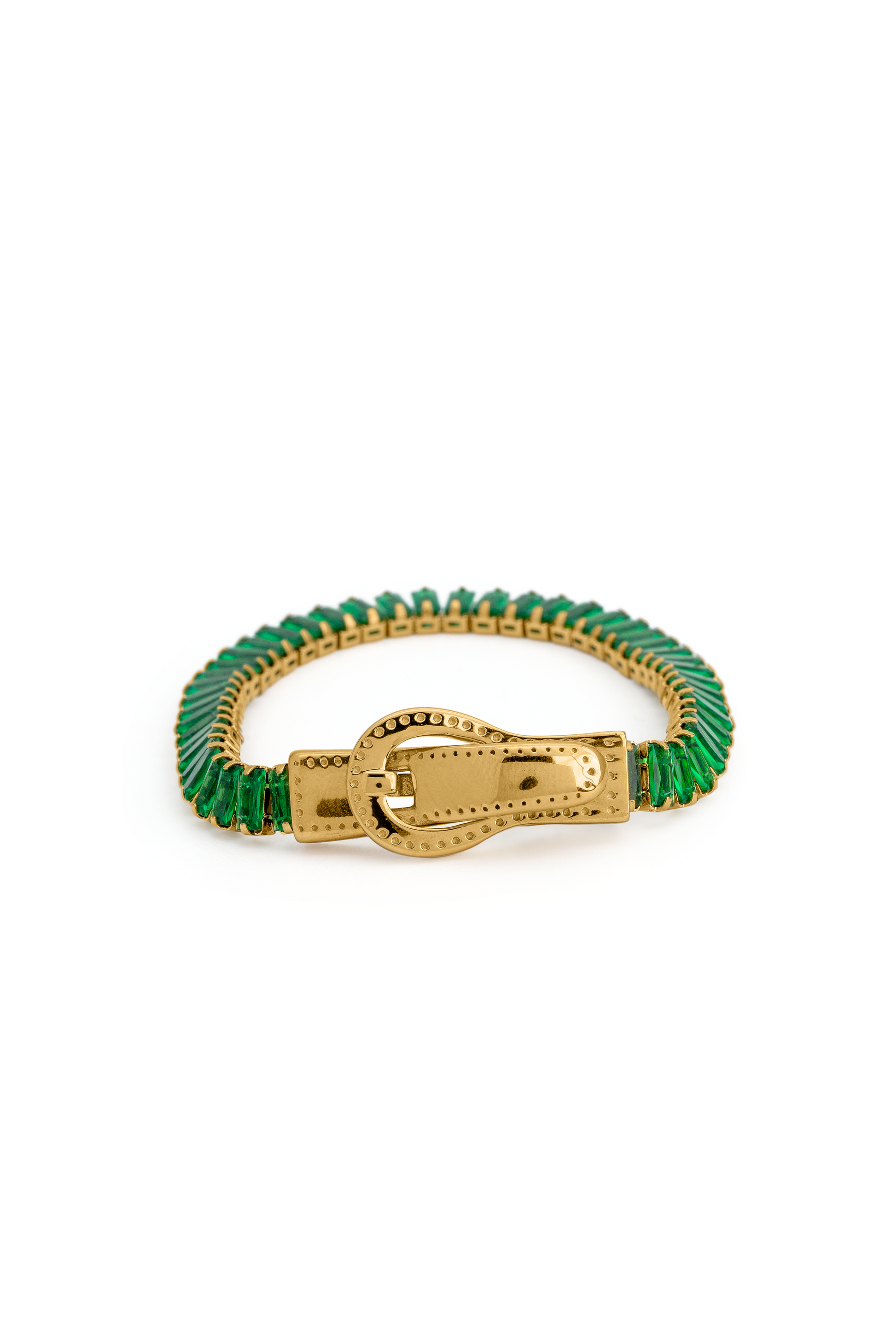 Close-up of Emerald Baguette Tennis Bracelet featuring green baguette-cut stones and a gold buckle clasp, ideal for upscale fashion accessories.