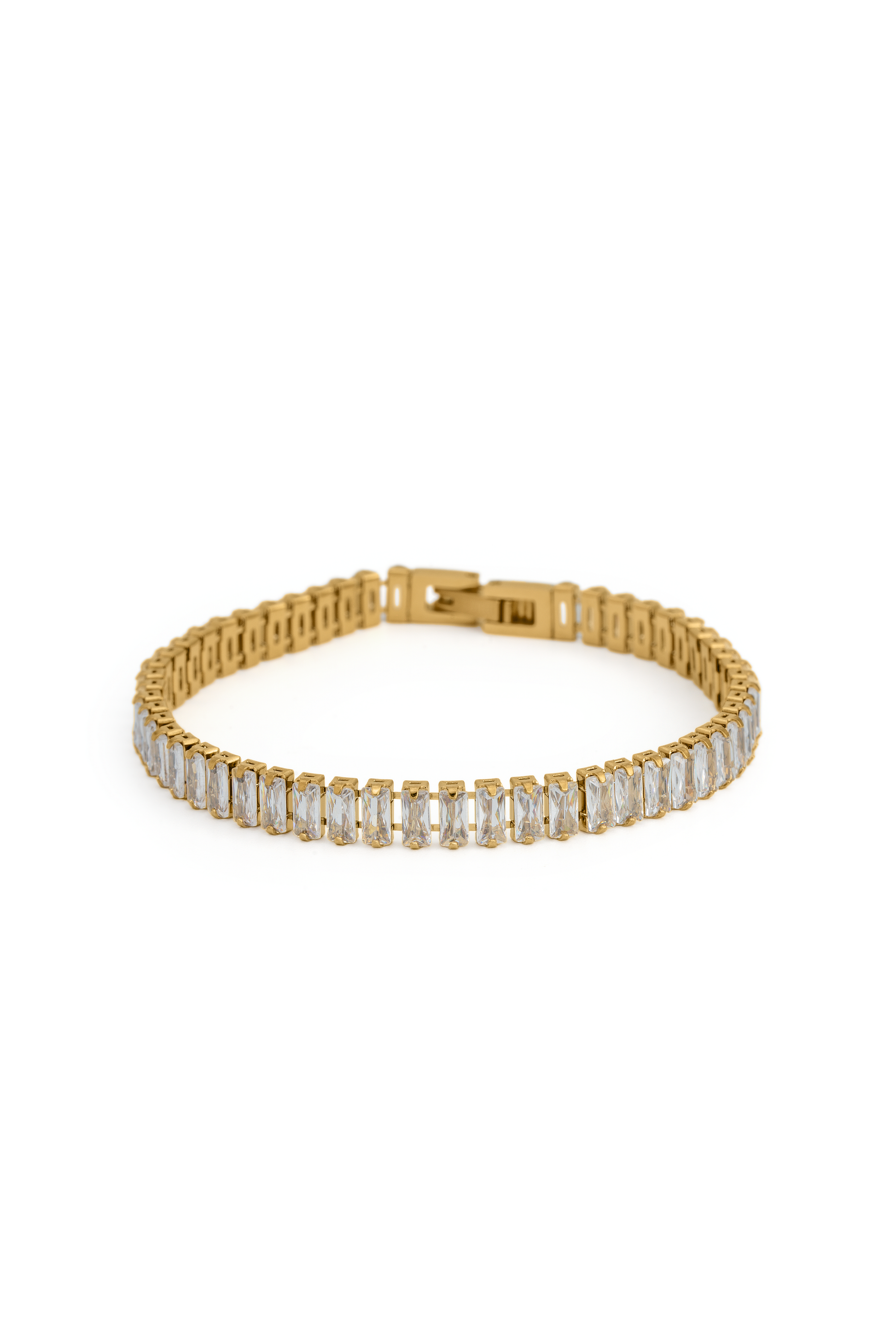 Lilac Mirage Bracelet featuring rectangular-cut clear stones set in a gold-tone chain, ideal for elegant jewelry collections.