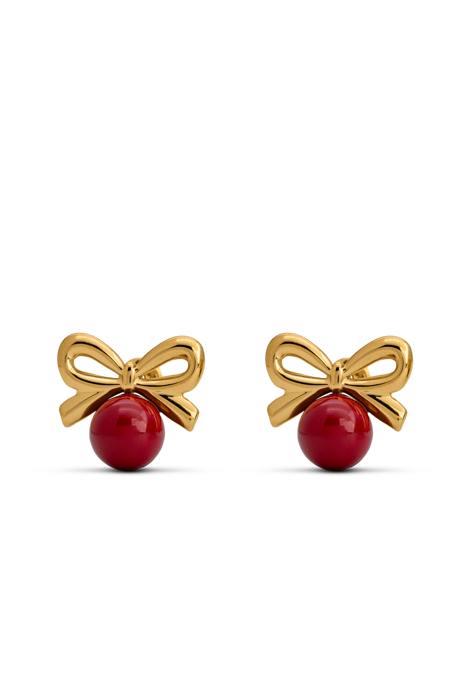 Close-up of Red Orb & Gold Bow Stud Earrings with symmetrical gold bows and red orbs, suited for fashion-forward jewelry collections.