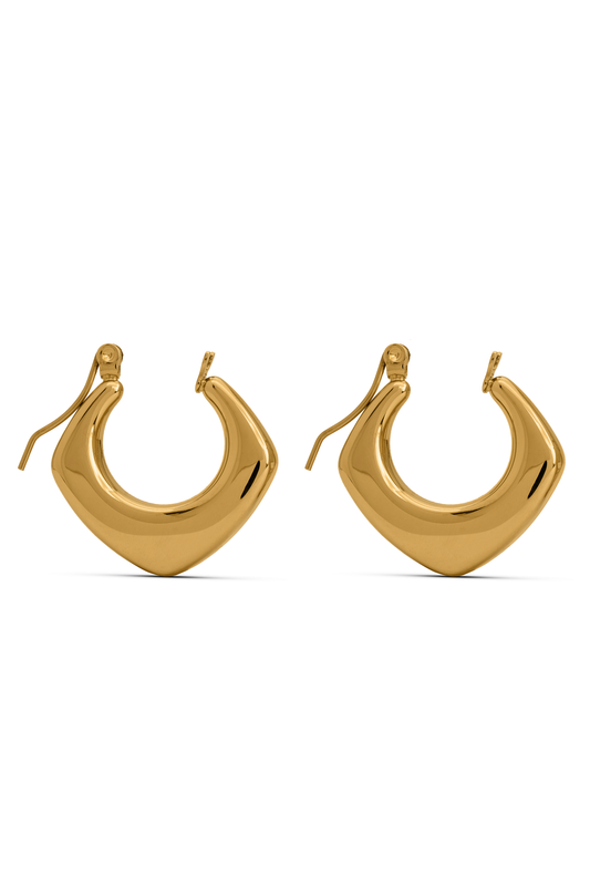 Bold Geometric Gold Hoop Earrings with a modern triangular shape and polished finish, ideal for statement fashion in jewelry collections.