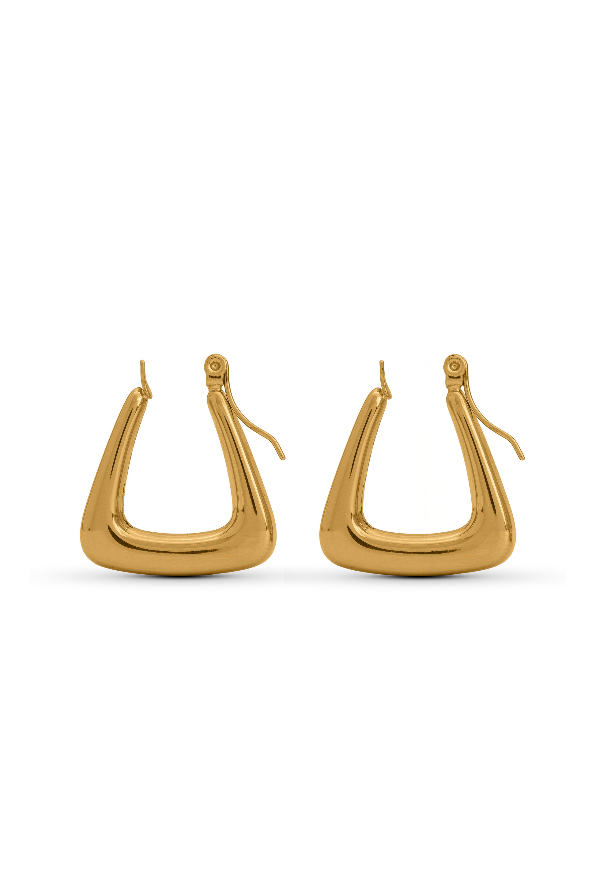Triangular Hoop Earrings in polished gold finish with a modern geometric design, ideal for contemporary fashion styling.