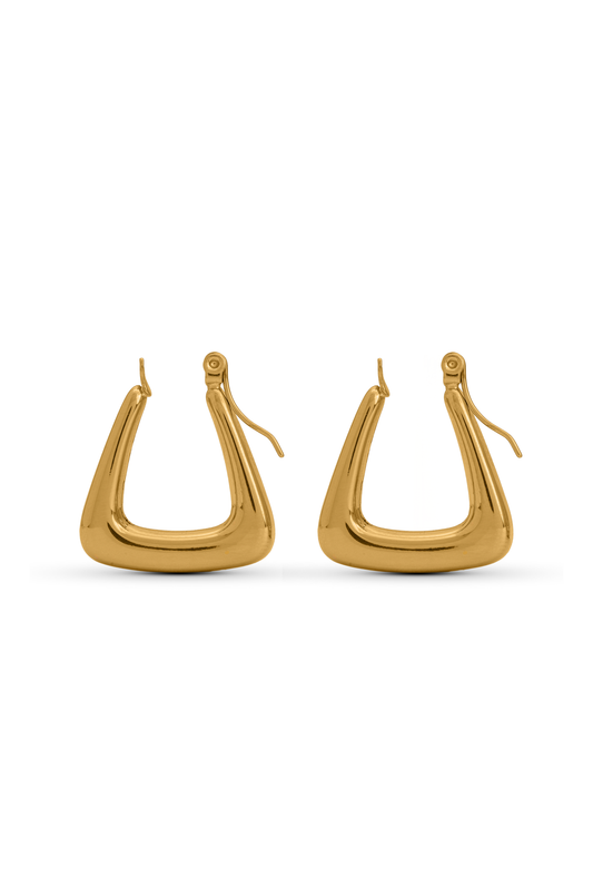 Triangular Hoop Earrings in polished gold finish with a modern geometric design, ideal for contemporary fashion styling.