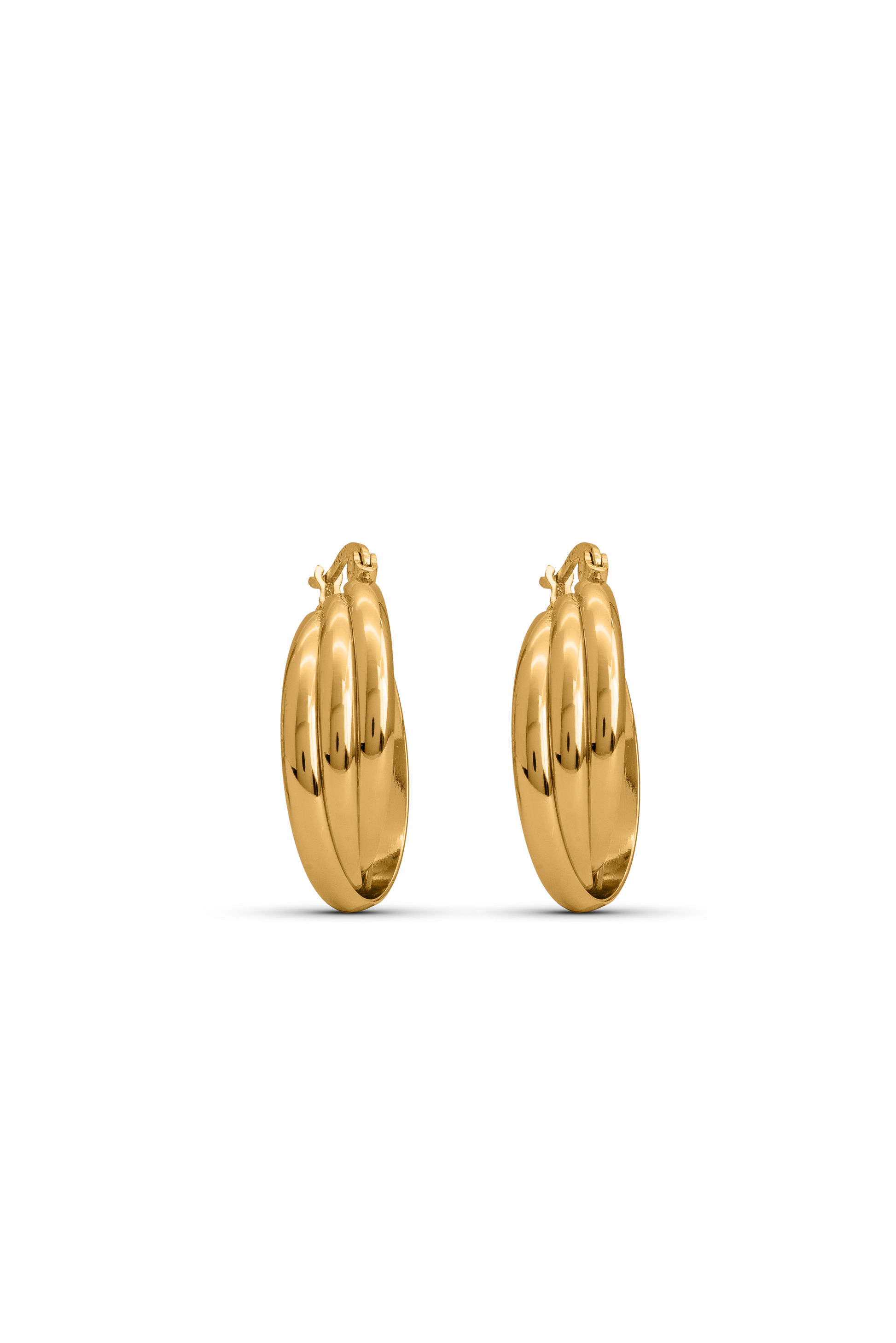 Front view of Refined Oval Hoop Earrings in gold with triple-layered oval design. A chic addition to any jewelry collection.