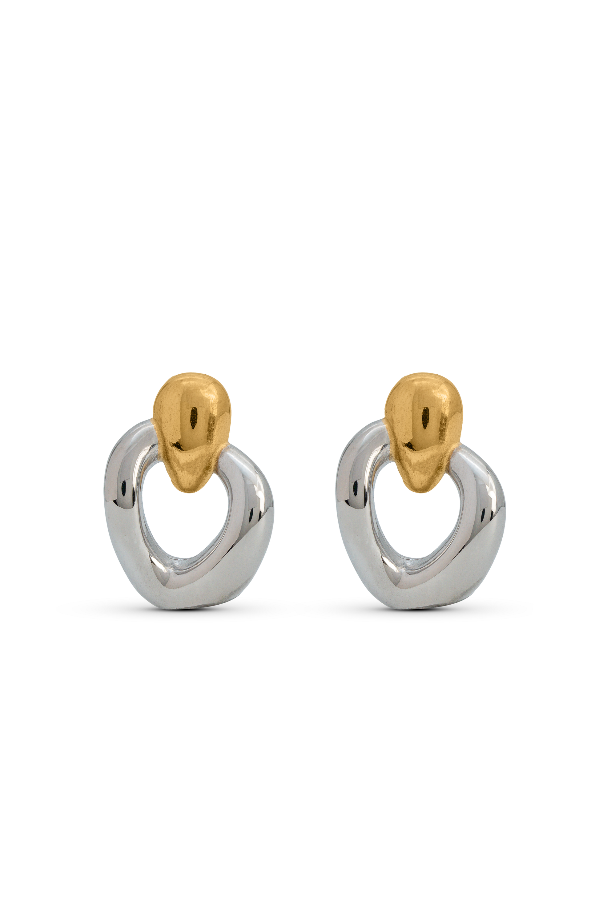Orbit Dual-Tone Sculpted earrings with a modern loop design in polished silver and gold tones, ideal for contemporary jewelry collections.