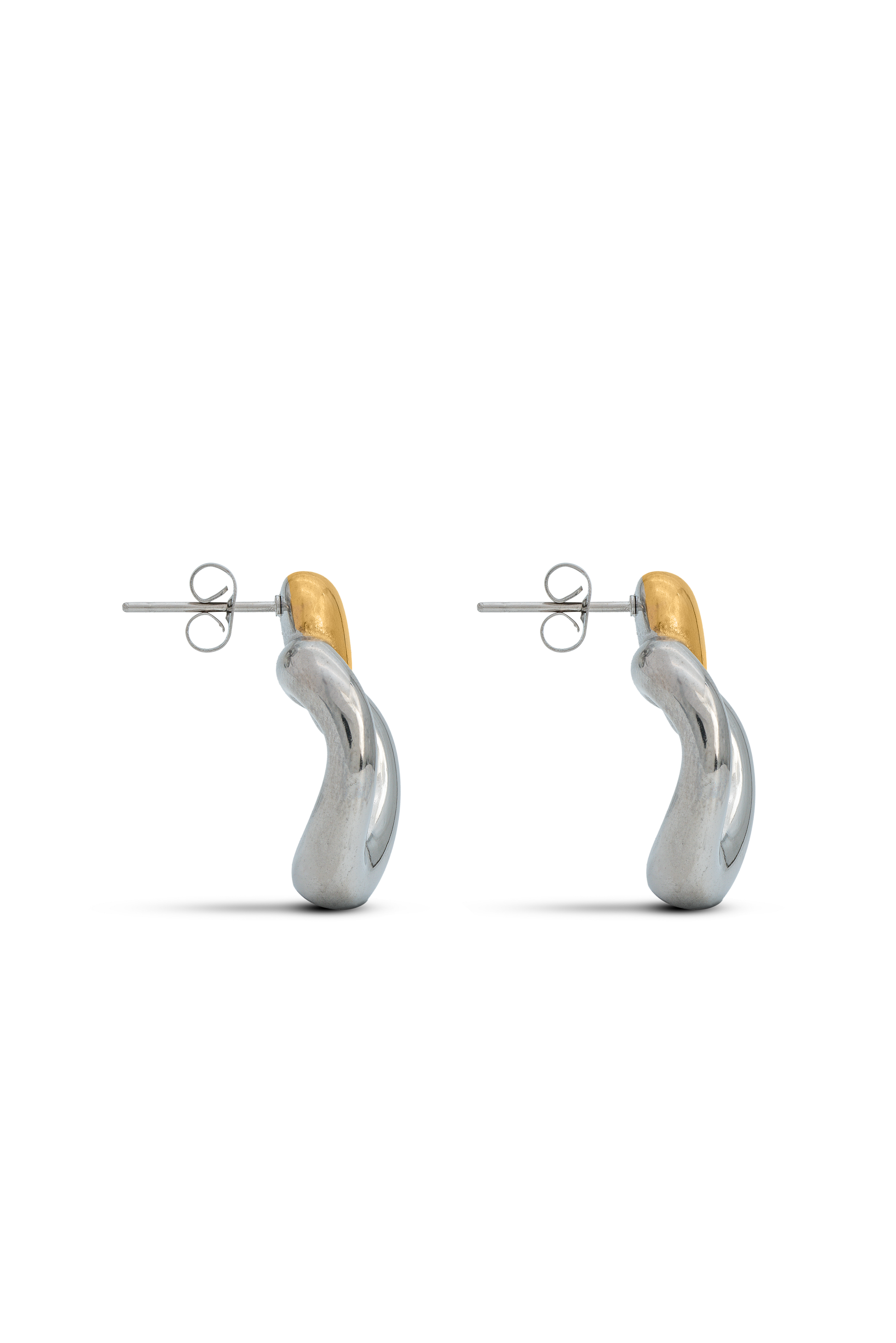 Side view of Orbit Dual-Tone Sculpted earrings highlighting the curved silver base and gold accent, perfect for stylish accessorizing.