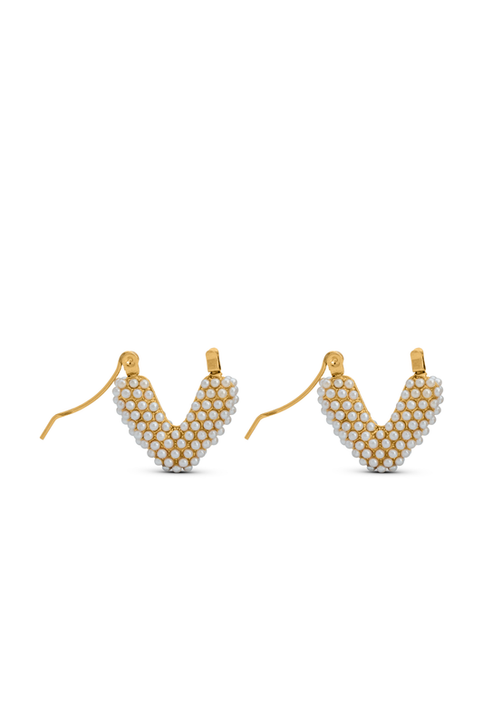 Pearl Heart Hoop Earrings with gold-tone base and white pearl accents, designed in a V-shaped heart silhouette for elegant styling.
