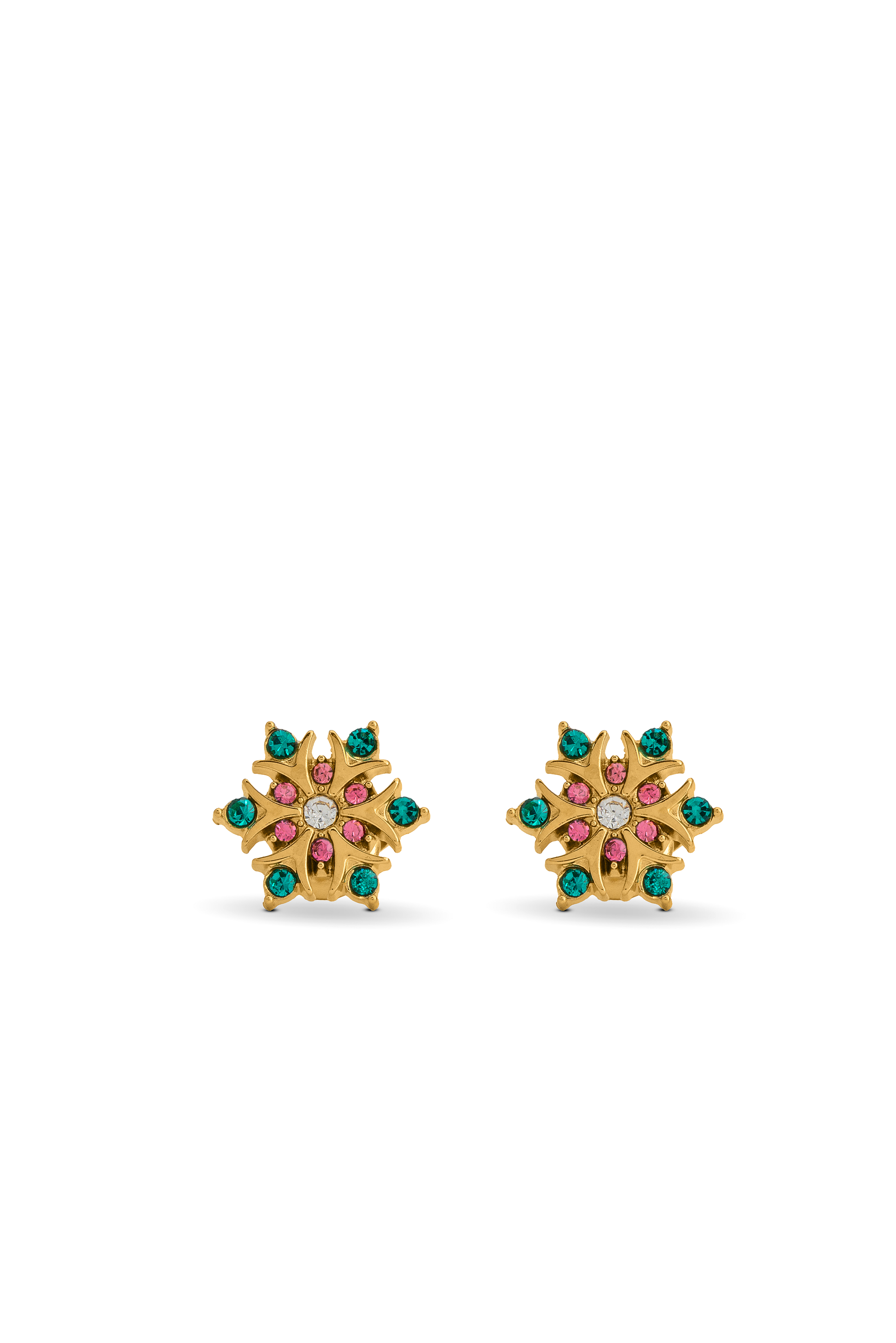 Petal Radiance Studs featuring floral-inspired gold design with pink and teal gemstones, ideal for elegant everyday wear.