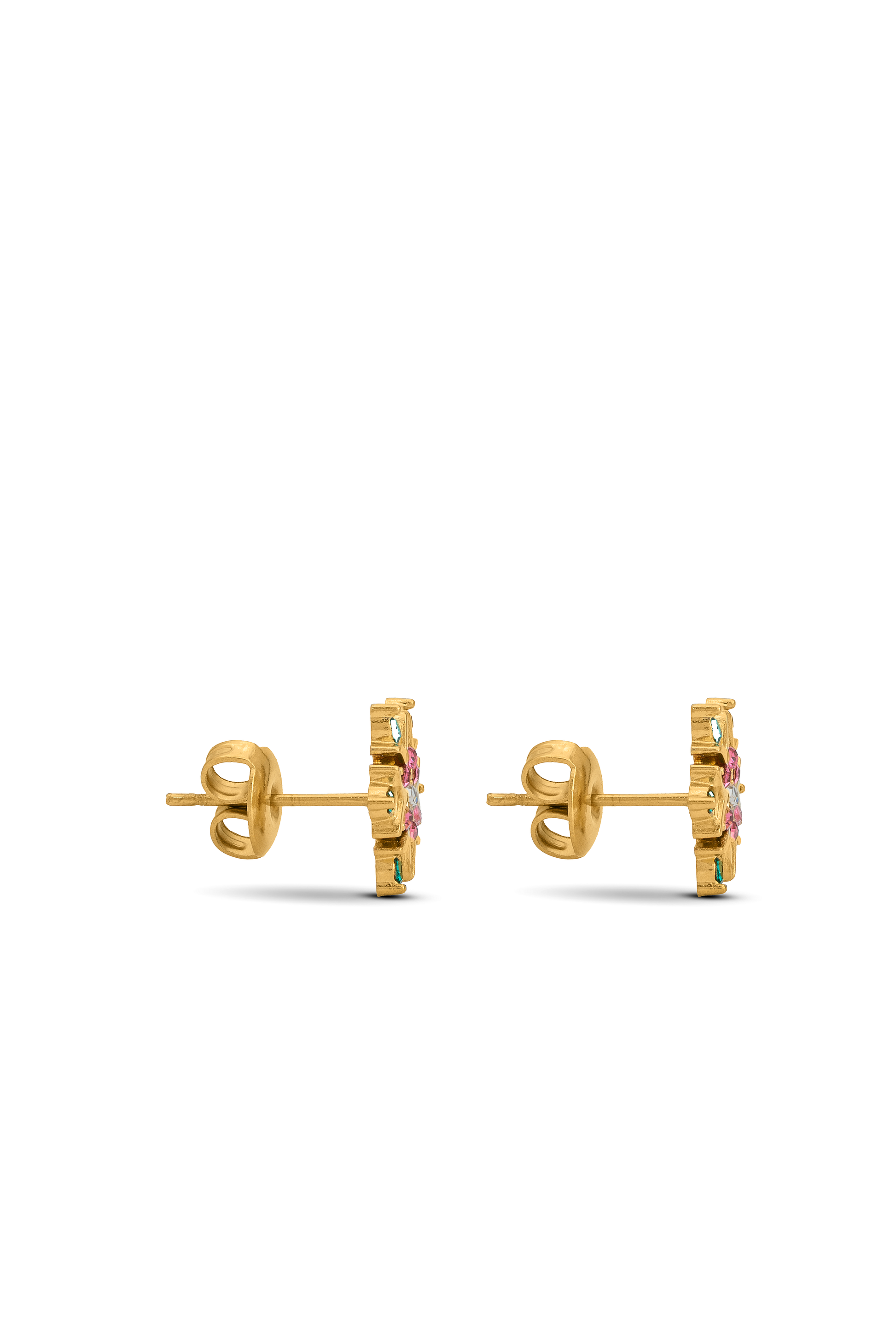 Side view of Petal Radiance Studs highlighting gold post and intricate gemstone setting, perfect for stylish jewelry collections.