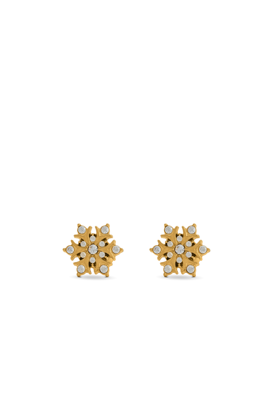 Snowfall Diamond Earrings in gold with snowflake design and round-cut diamonds, perfect for elegant winter jewelry collections.