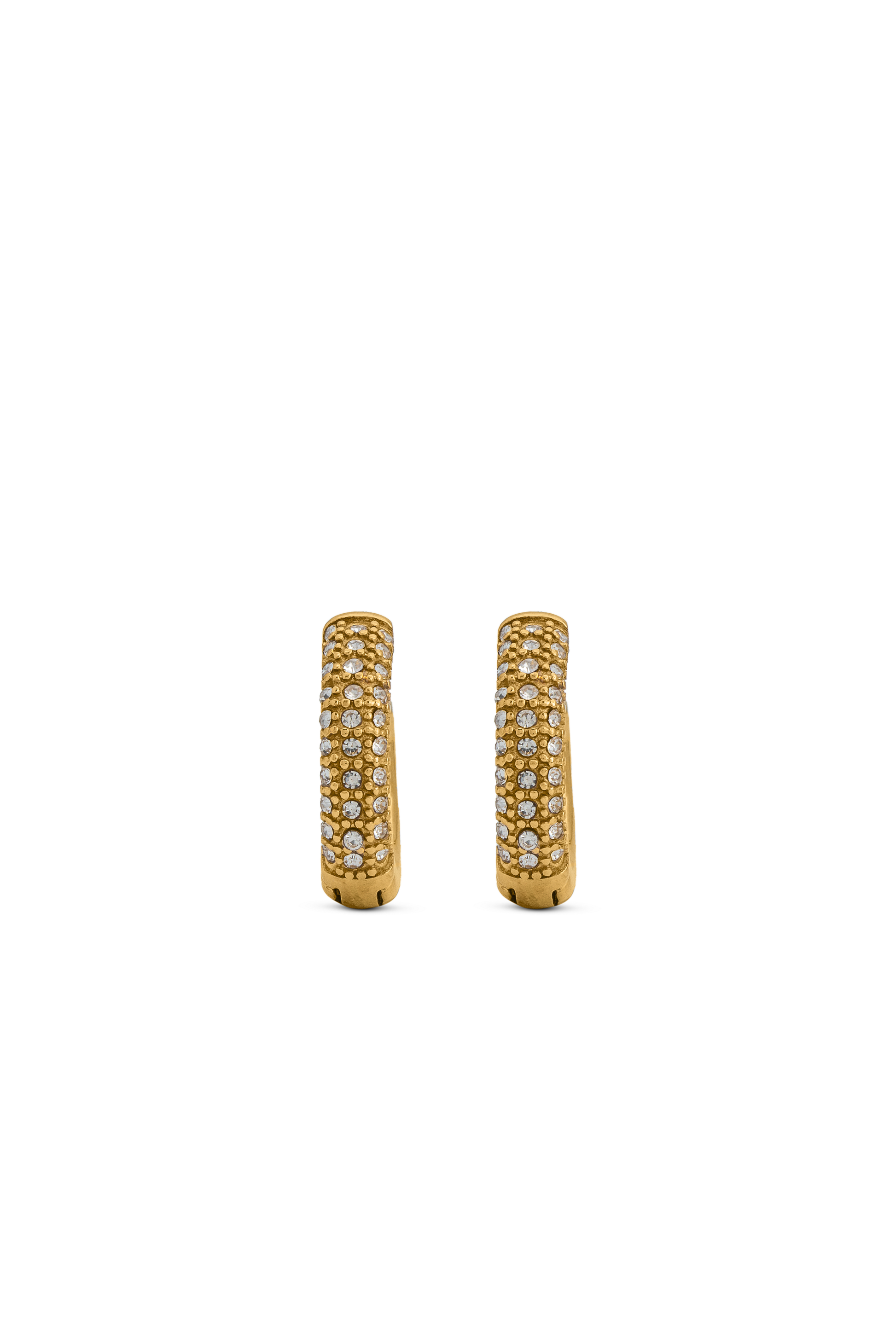 Side view of Sparkling Huggie Hoops featuring rows of glittering crystals on gold-tone metal. Ideal for adding subtle glamour.
