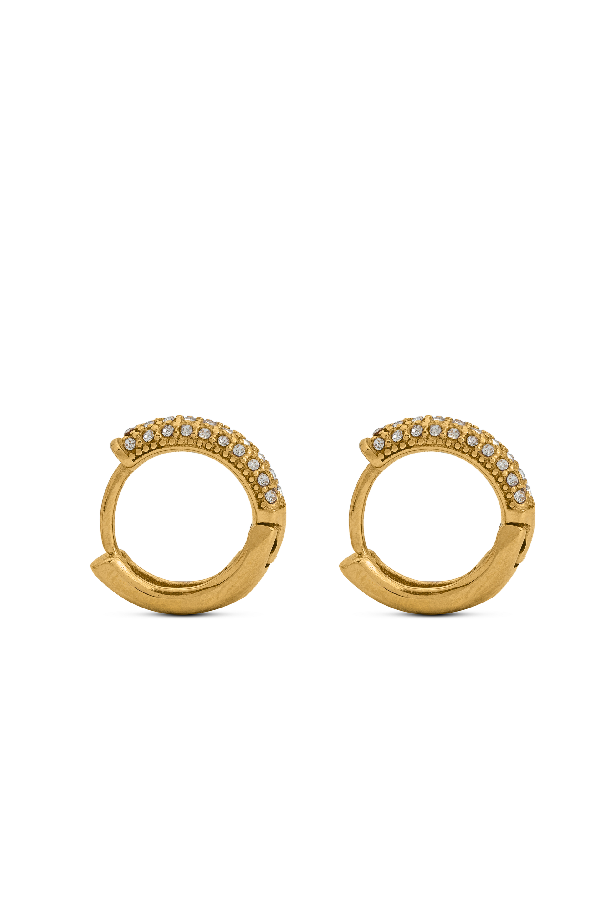 Sparkling Huggie Hoops in gold with pavé-set crystals, shown in a front-facing view. Elegant earrings for everyday or formal wear.