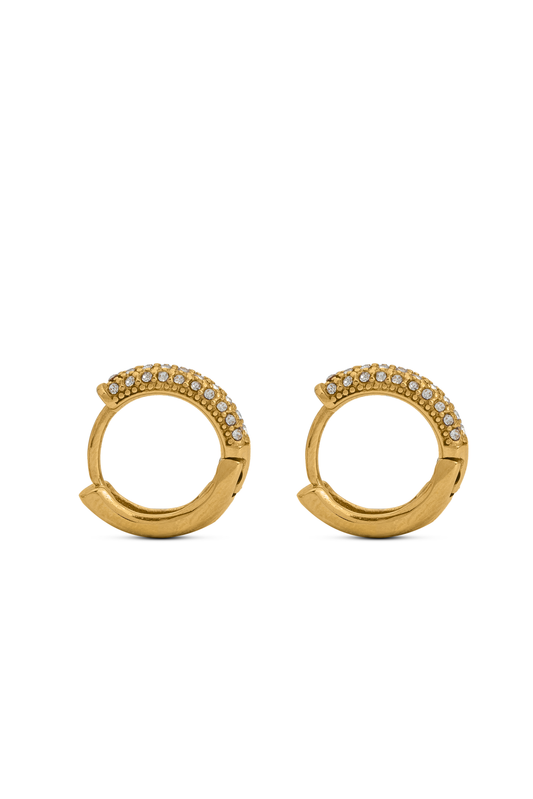 Sparkling Huggie Hoops in gold with pavé-set crystals, shown in a front-facing view. Elegant earrings for everyday or formal wear.