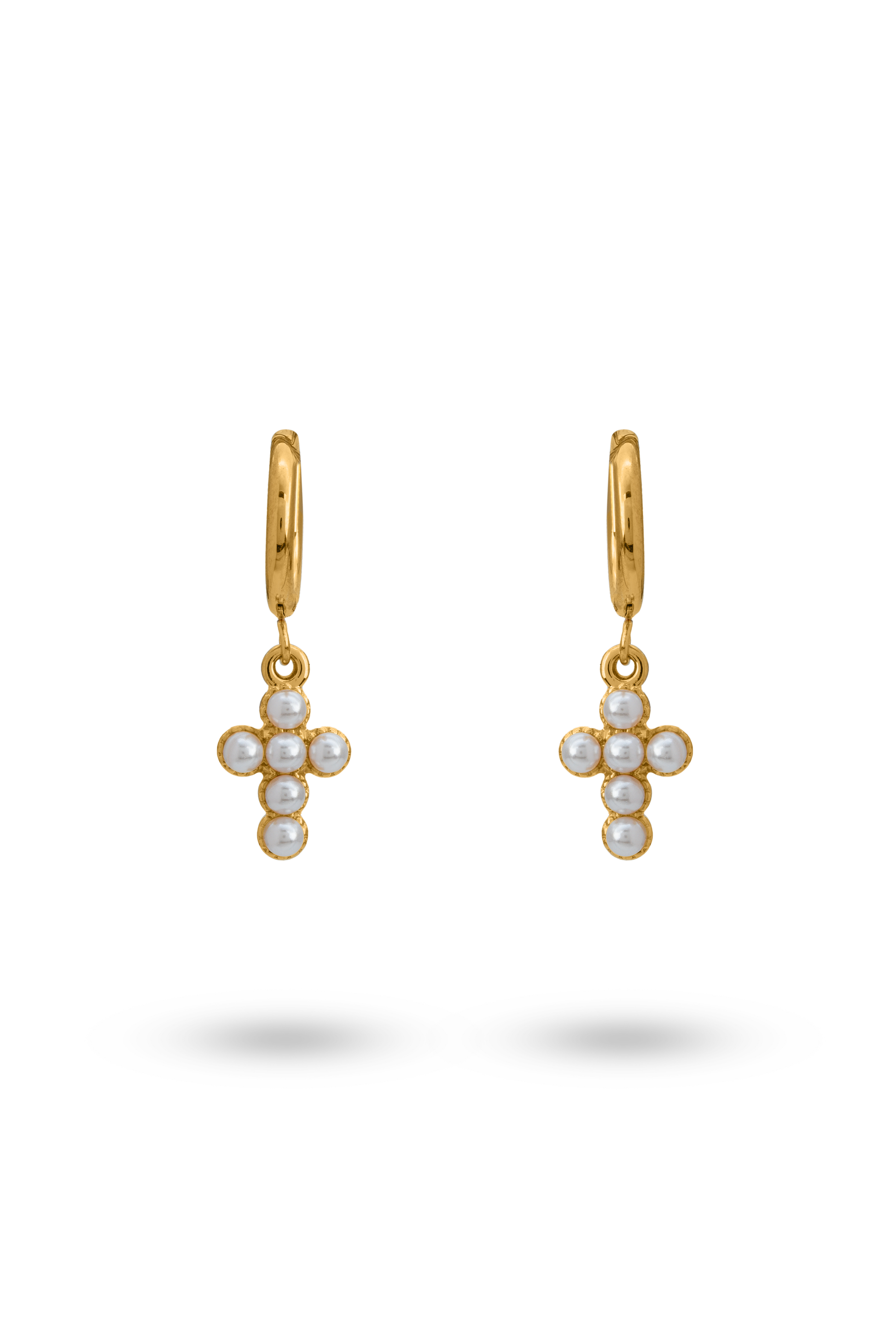 Grace Pearl Hoops featuring gold-tone huggie earrings with cross-shaped pearl drops, ideal for elegant and minimal jewelry styling.