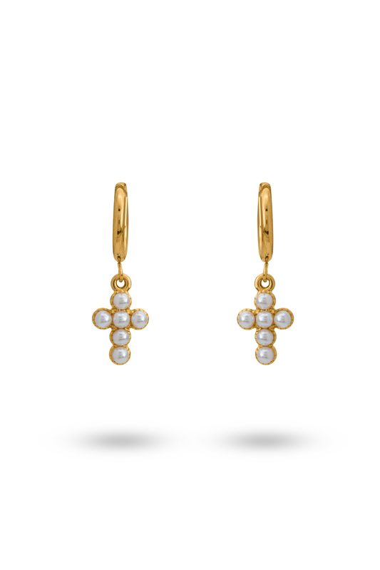Grace Pearl Hoops featuring gold-tone huggie earrings with cross-shaped pearl drops, ideal for elegant and minimal jewelry styling.