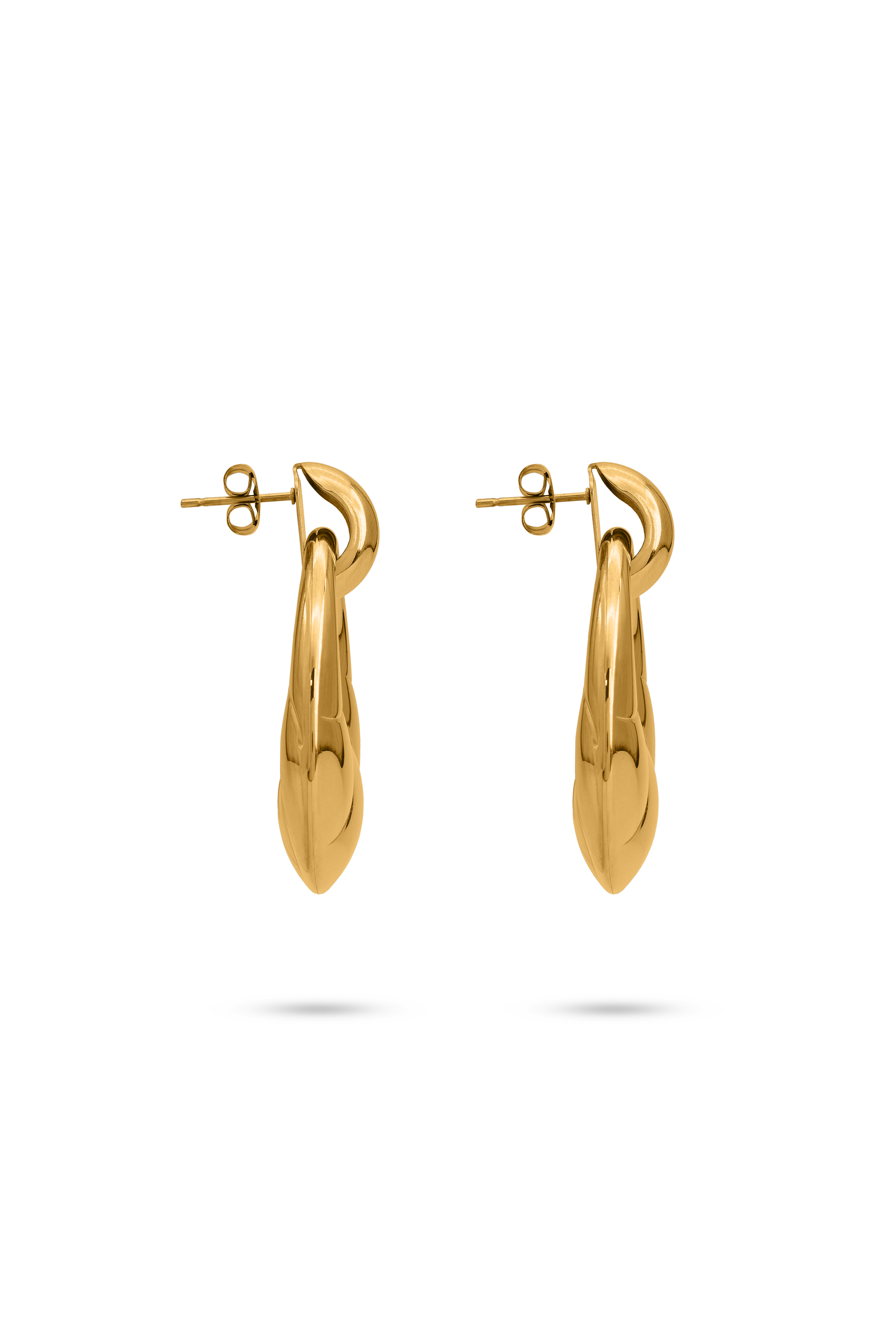 Side view of Twirléa Gold Hoops highlighting their thick, curved profile and secure post-back closure for comfortable wear.