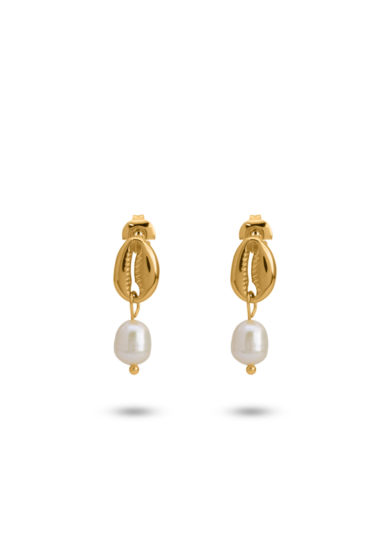 Ocean's Embrace Pearl Earrings featuring gold cowrie shell design with dangling freshwater pearls, ideal for beach-inspired jewelry collections.