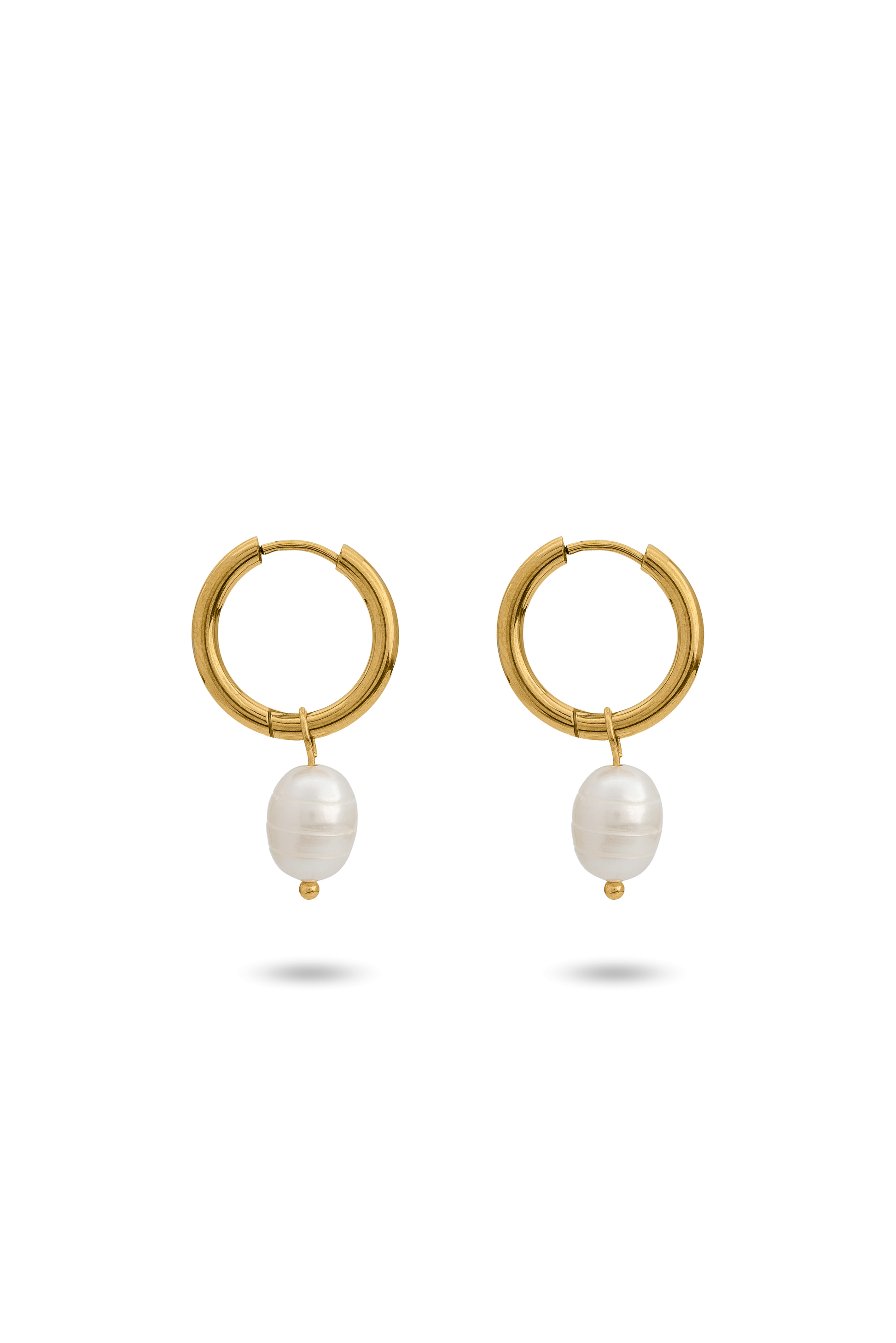Luna Pearl Drop Earrings featuring gold hoops with elegant white freshwater pearls, ideal for formal and casual wear.