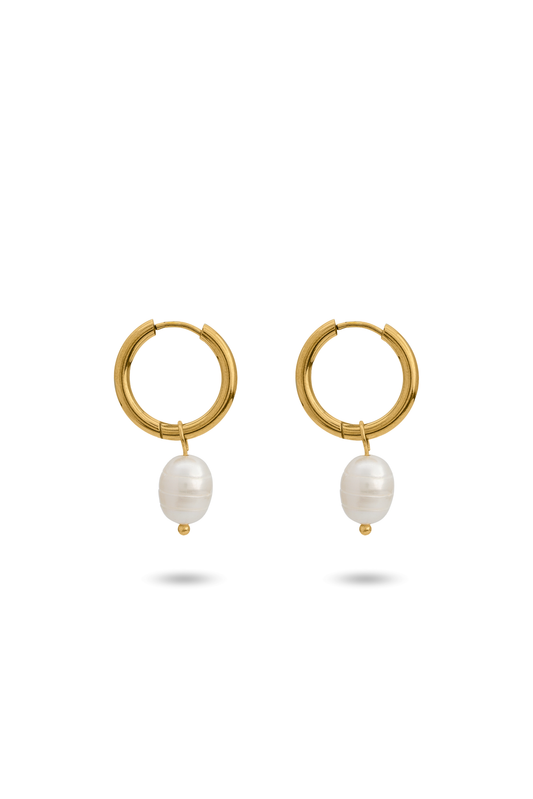 Luna Pearl Drop Earrings featuring gold hoops with elegant white freshwater pearls, ideal for formal and casual wear.