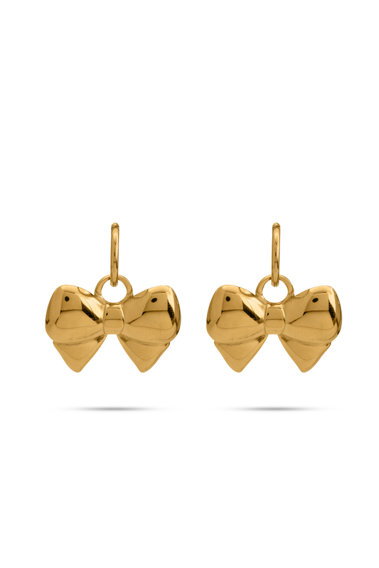 Belle Bow Charm Earrings in polished gold-tone metal shaped like bows, perfect for adding a playful elegance to any jewelry collection.
