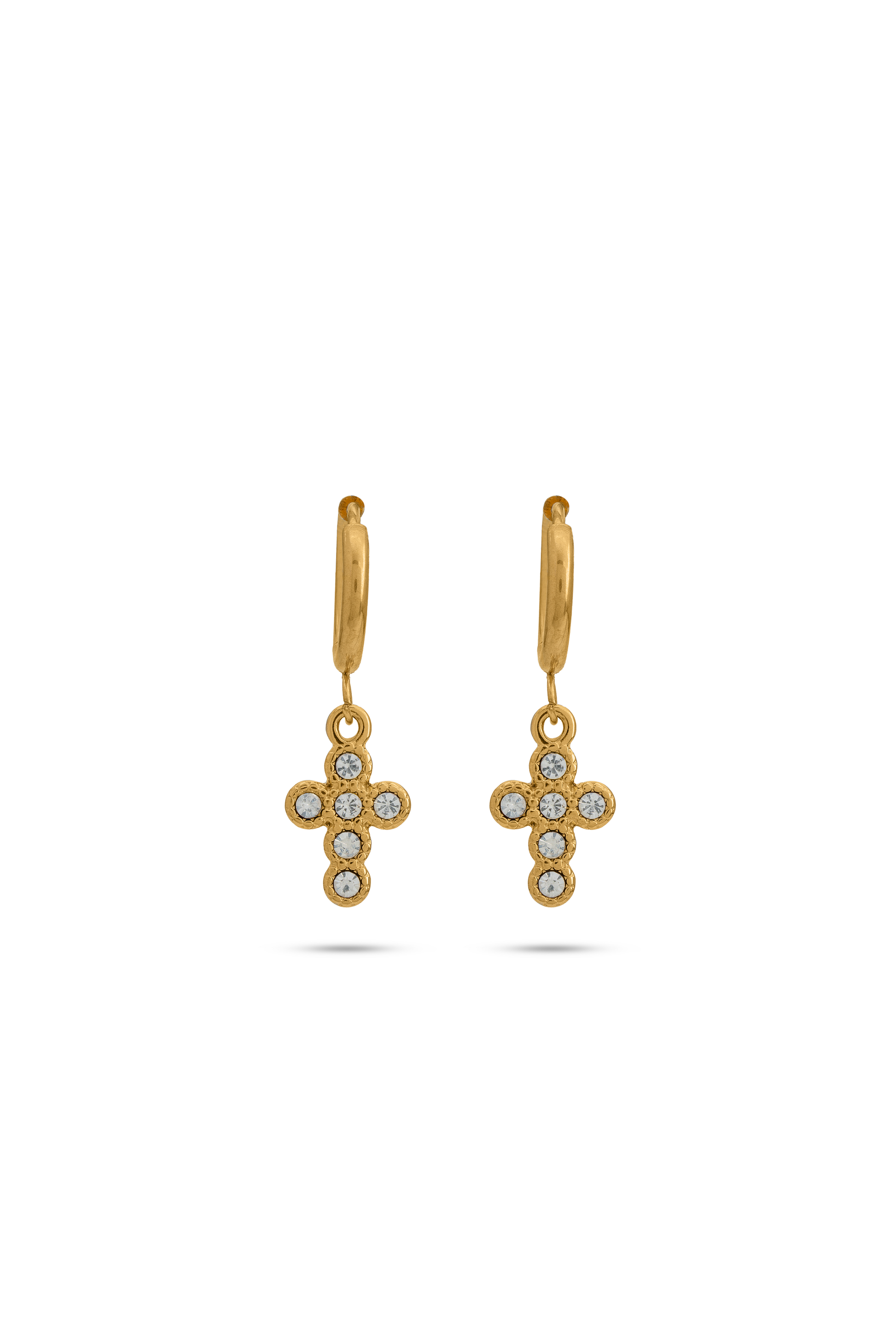 Gold cross earrings with clear gemstones on hoop design, ideal for elegant and minimalist jewelry collections.