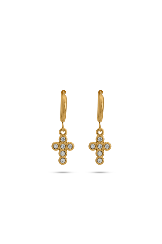 Gold cross earrings with clear gemstones on hoop design, ideal for elegant and minimalist jewelry collections.