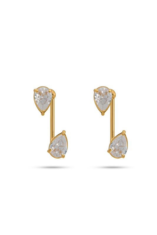 Double Pear Earrings featuring two pear-cut clear stones set in gold-tone metal, ideal for elegant and modern jewelry collections.
