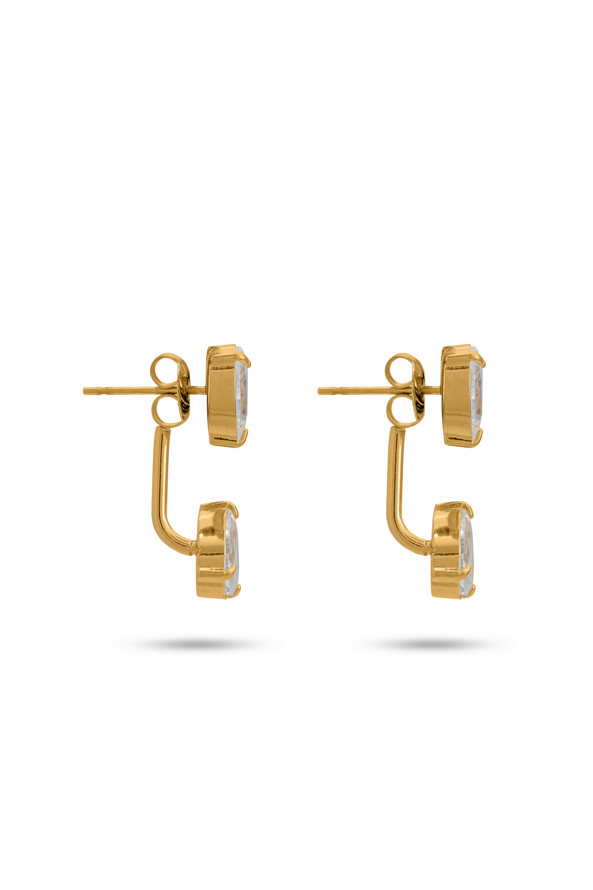 Side view of Double Pear Earrings highlighting the gold-tone structure and dual pear-cut stone setting, perfect for chic earring styles.