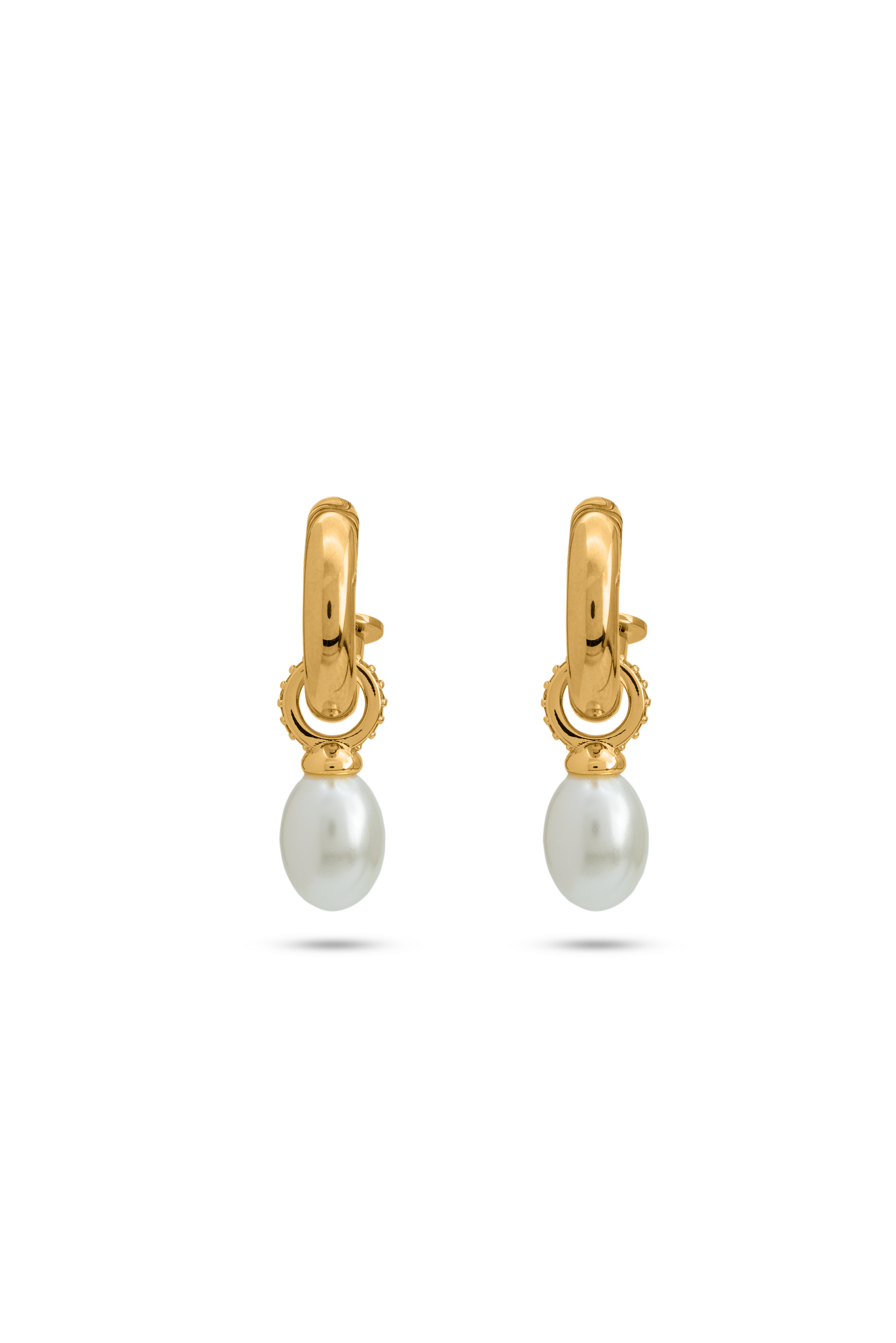Aurora Pearl Drop Hoops with smooth gold hoops and classic pearl drops, a timeless addition to any earring collection.