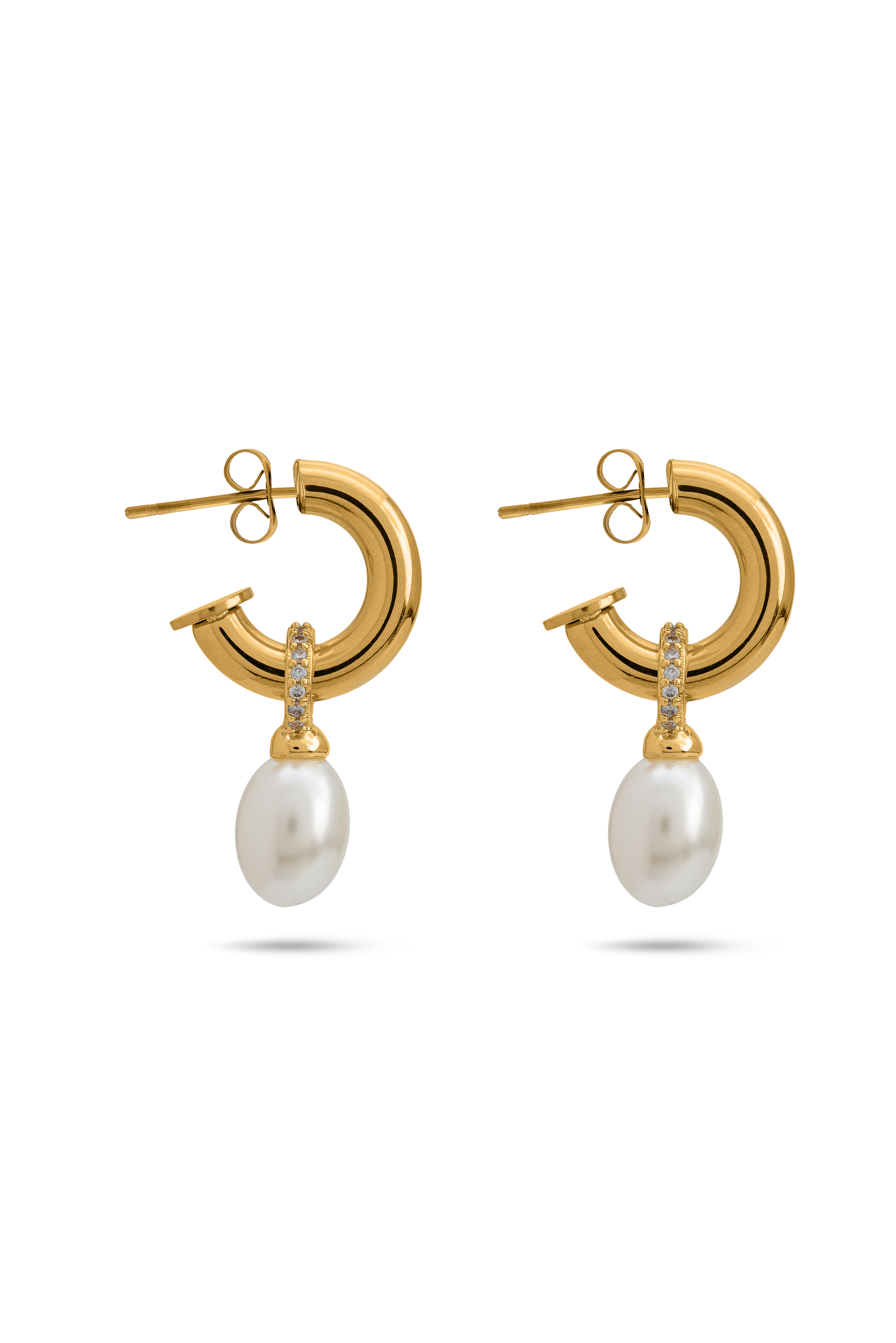 Aurora Pearl Drop Hoops featuring gold-tone hoops with white pearl drops and pavé accents, ideal for elegant jewelry collections.