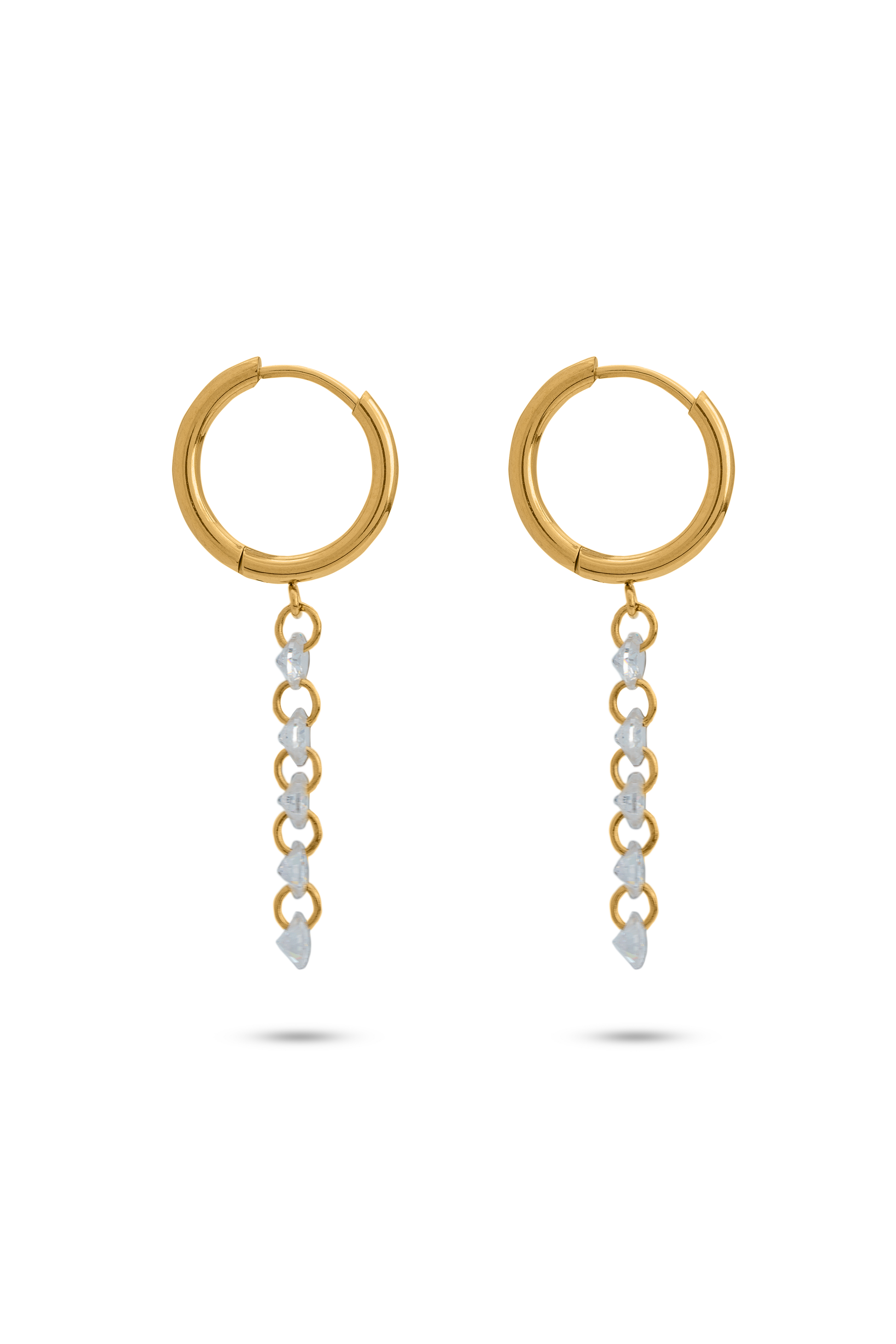 Loop Crystal Chain Hoops featuring gold hoop earrings with dangling silver crystal chain links, perfect for elegant styling.