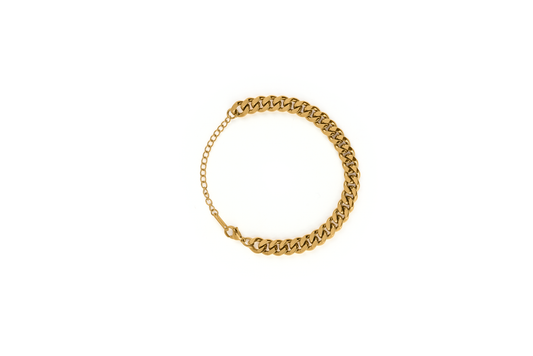 Bold Mini Link Bracelet in polished gold finish with adjustable chain, displayed in a circular layout on white background.