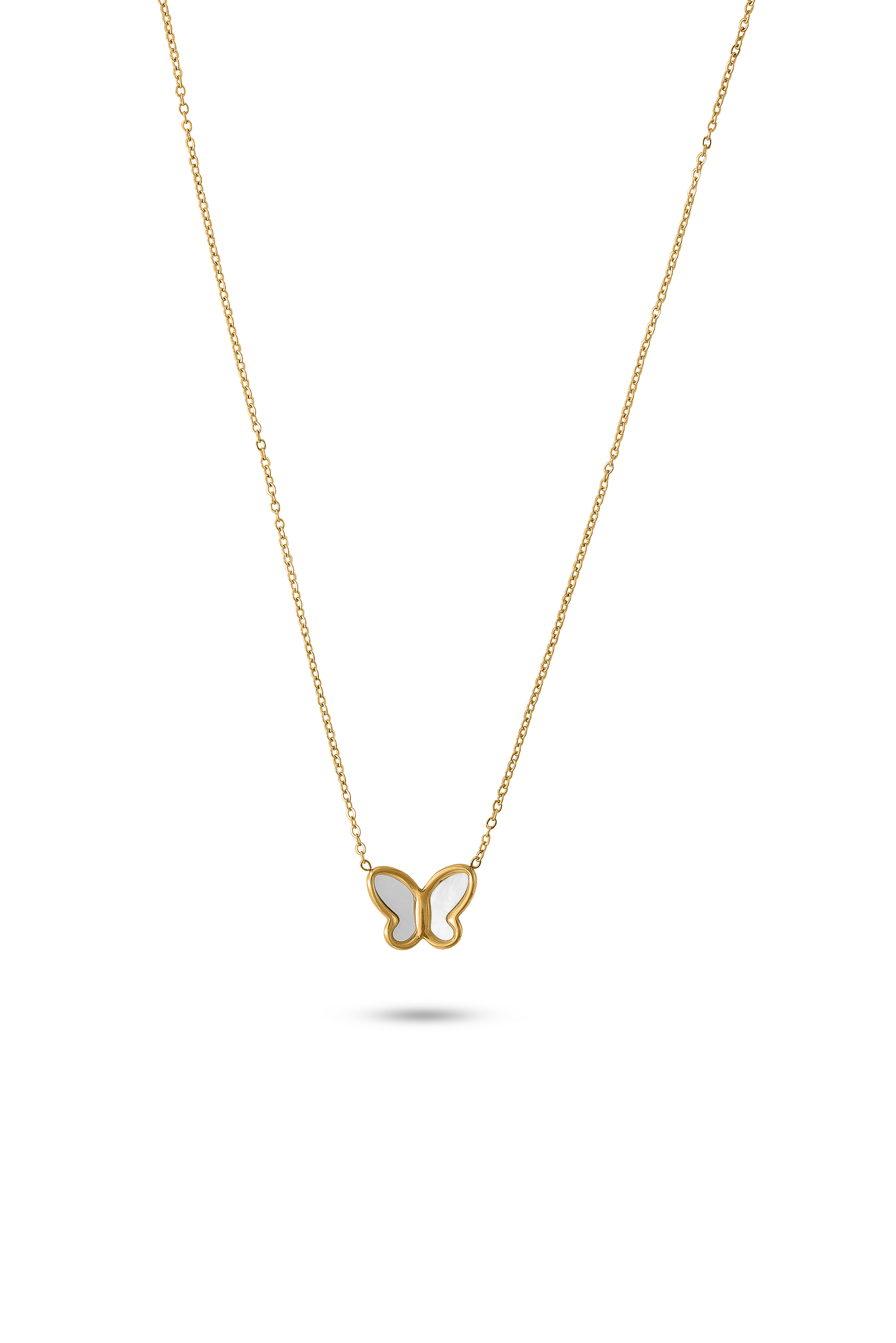 Delicate Butterfly Pendant Necklace with gold chain and white enamel butterfly charm, ideal for minimalist jewelry lovers.