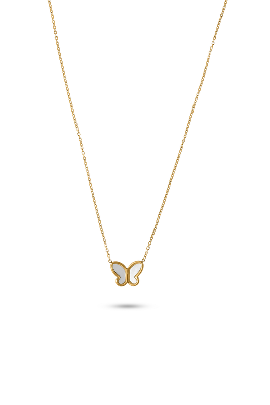 Delicate Butterfly Pendant Necklace with gold chain and white enamel butterfly charm, ideal for minimalist jewelry lovers.