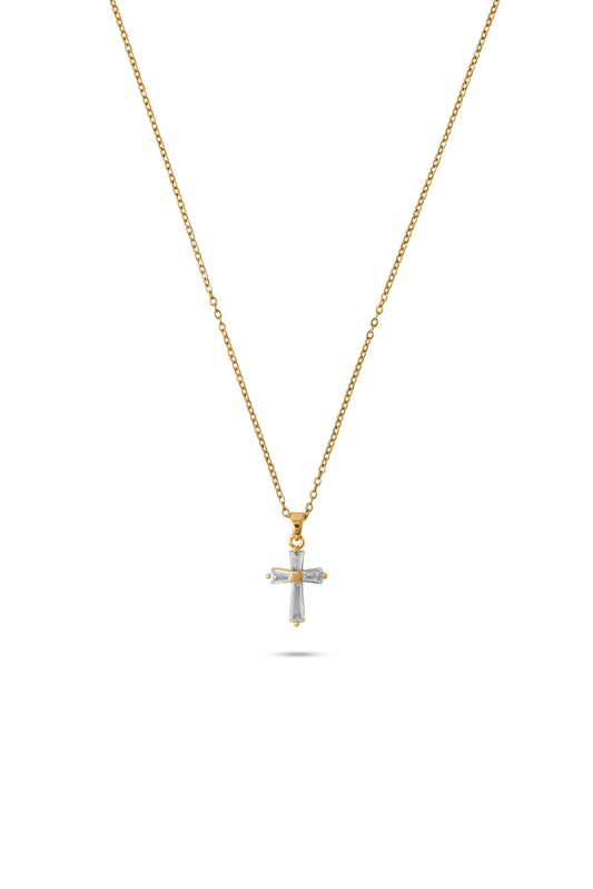 Gold chain necklace featuring a cross-shaped baguette pendant with clear gemstones, ideal for elegant jewelry collections.