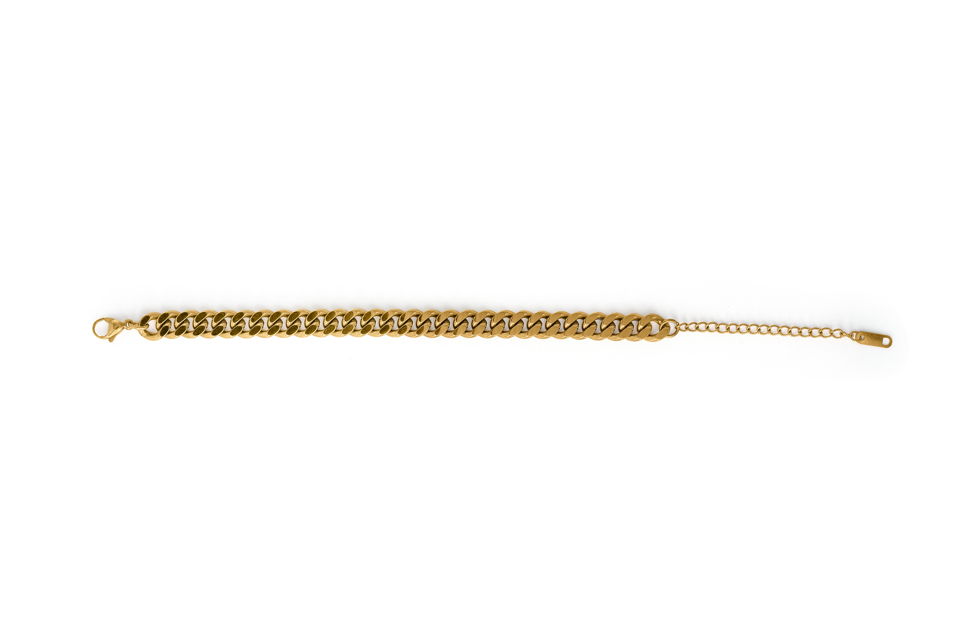 Bold Mini Link Bracelet laid flat to show full length and clasp design, featuring thick gold links and adjustable extender chain.