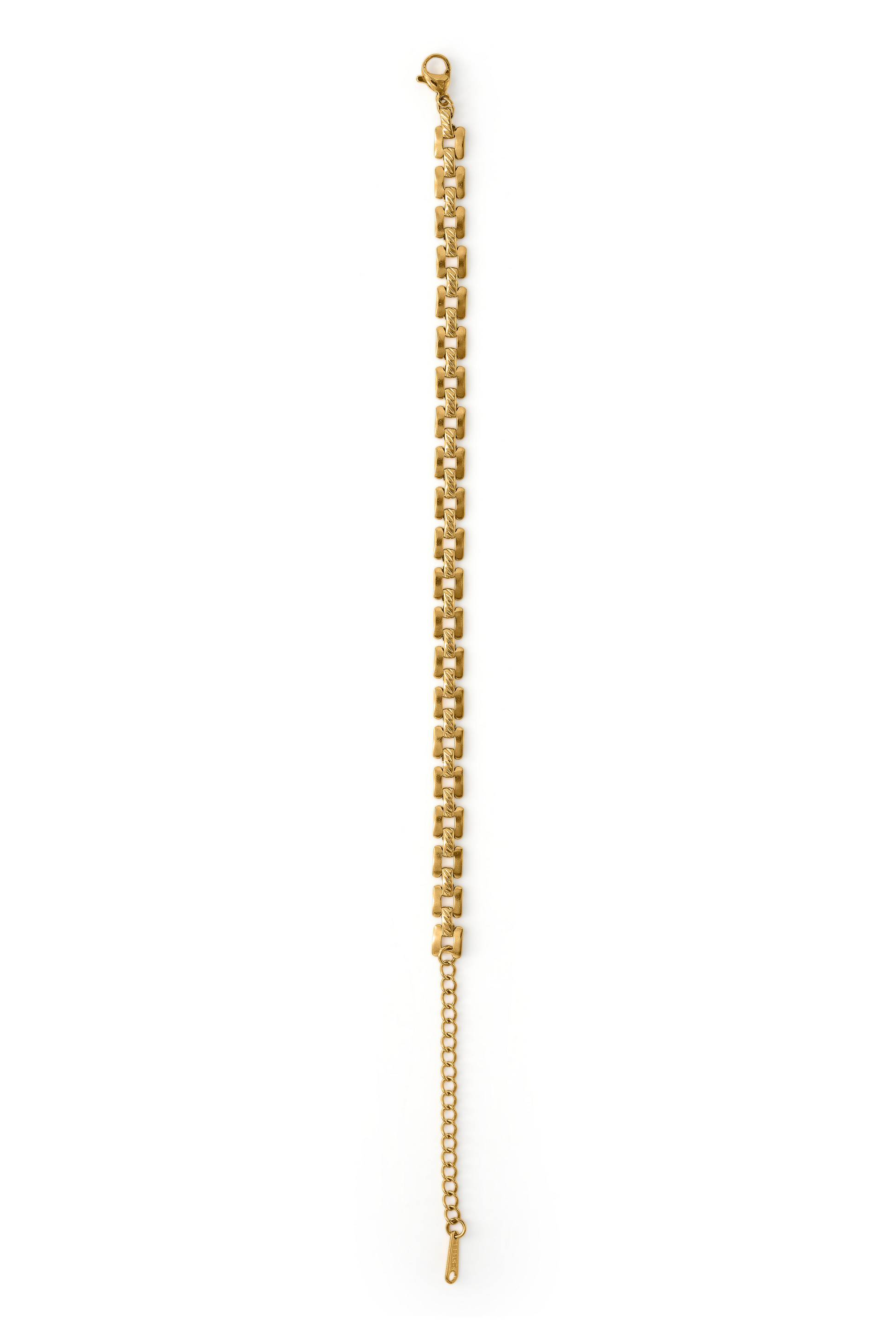 Stackable Radiance Bracelet laid flat showing gold chain link pattern and clasp, perfect for elegant and versatile styling.