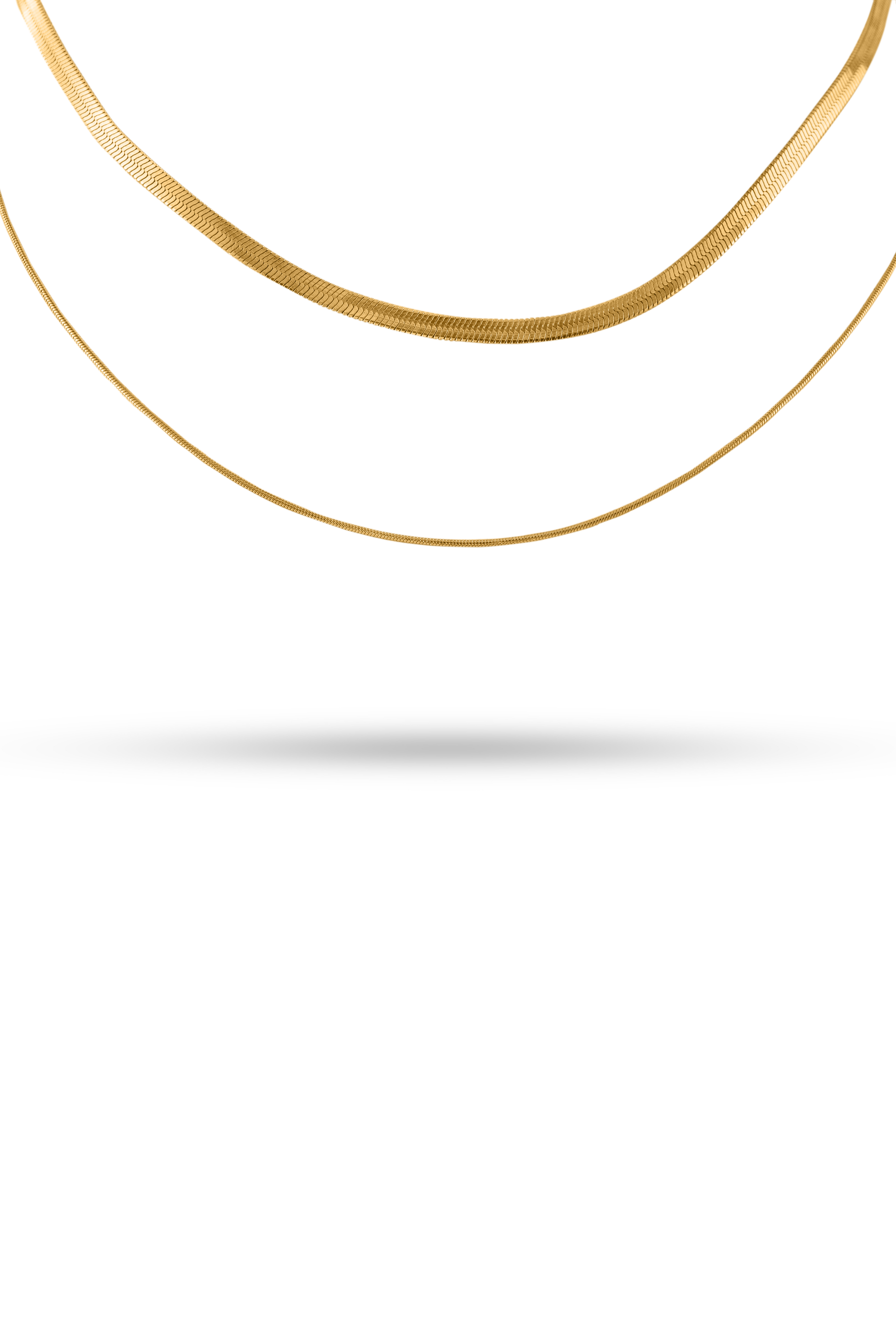 Close-up product shot of Layered Duo Necklace with two gold chains on a white background, highlighting its minimalist design.