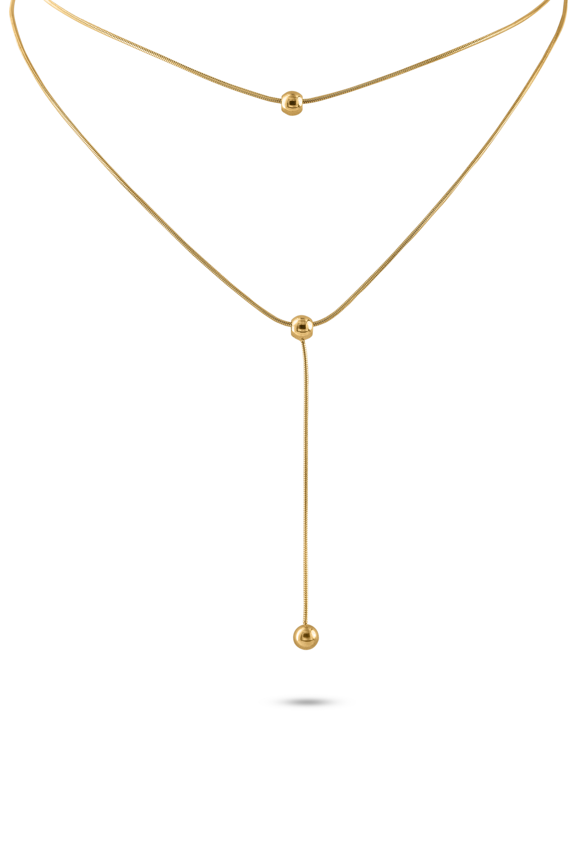 Beaded Drop Necklace featuring a minimalist gold chain with three polished gold beads, ideal for elegant layering in jewelry collections.